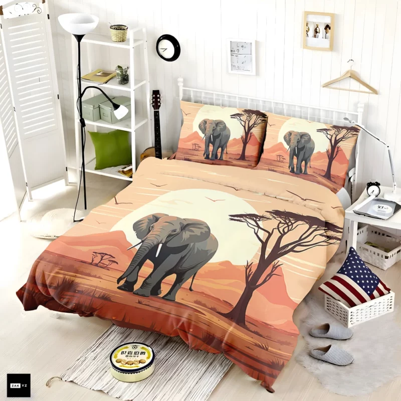 Elephant in Grassland Scene Bedding Set