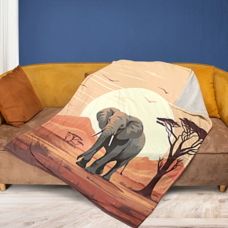 Elephant in Grassland Scene Fleece Blanket 1
