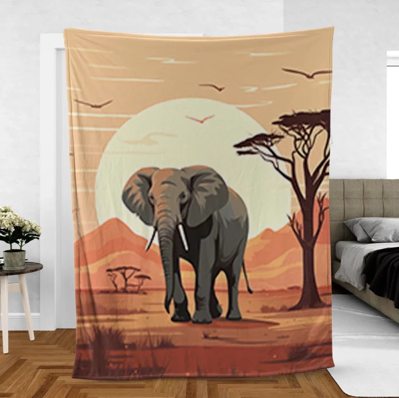 Elephant in Grassland Scene Fleece Blanket