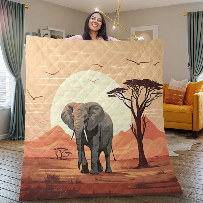 Elephant in Grassland Scene Quilt Blanket