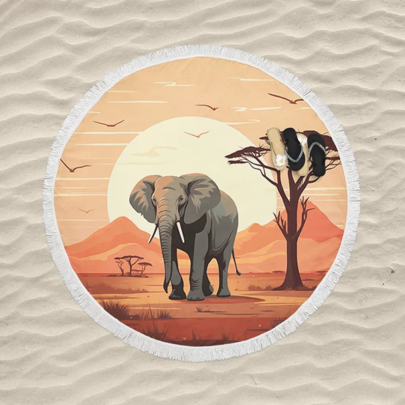 Elephant in Grassland Scene Round Beach Towel