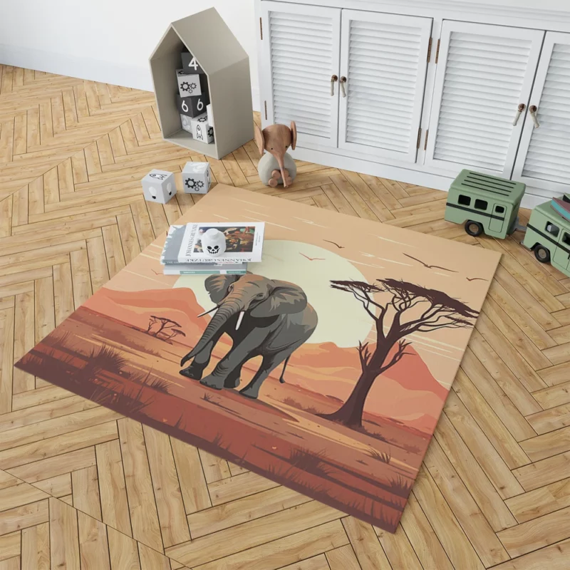 Elephant in Grassland Scene Rug 1