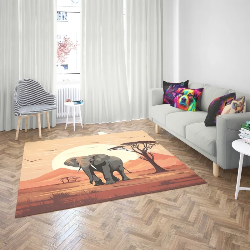 Elephant in Grassland Scene Rug 2