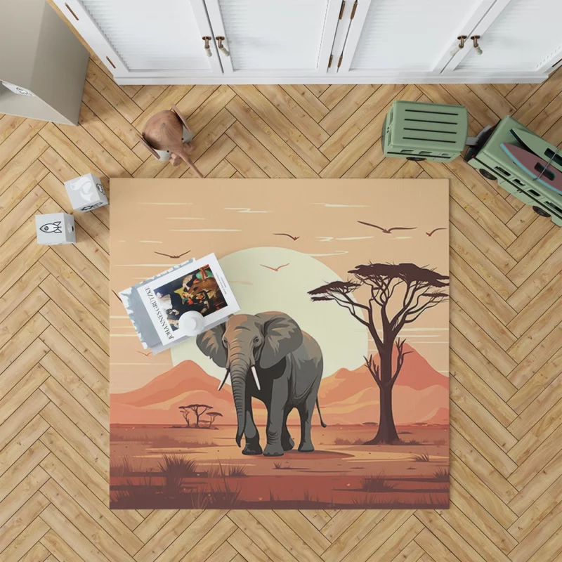 Elephant in Grassland Scene Rug