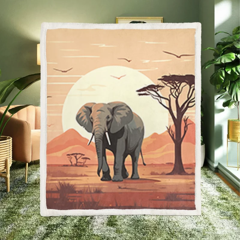 Elephant in Grassland Scene Sherpa Fleece Blanket