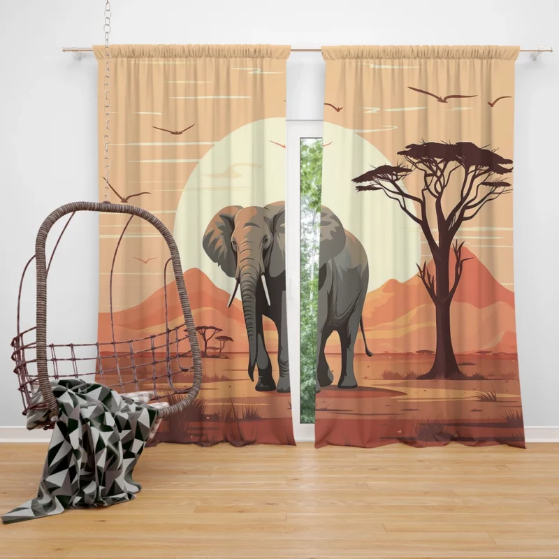 Elephant in Grassland Scene Window Curtain