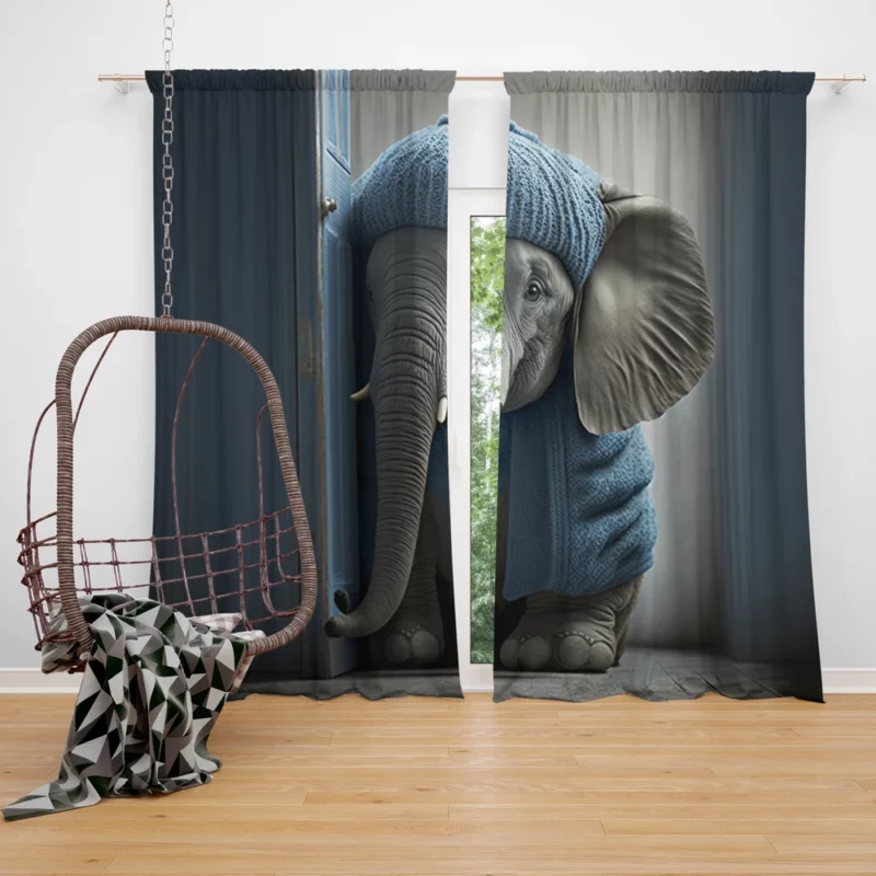 Elephant in a Blue Sweater Window Curtain