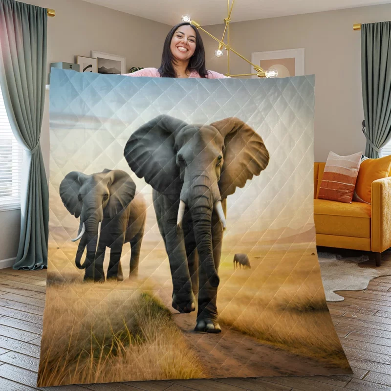 Elephants Walking in Desert Quilt Blanket