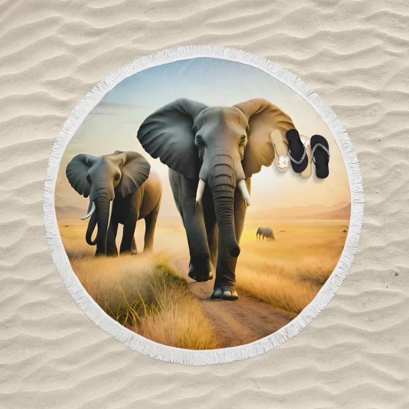 Elephants Walking in Desert Round Beach Towel