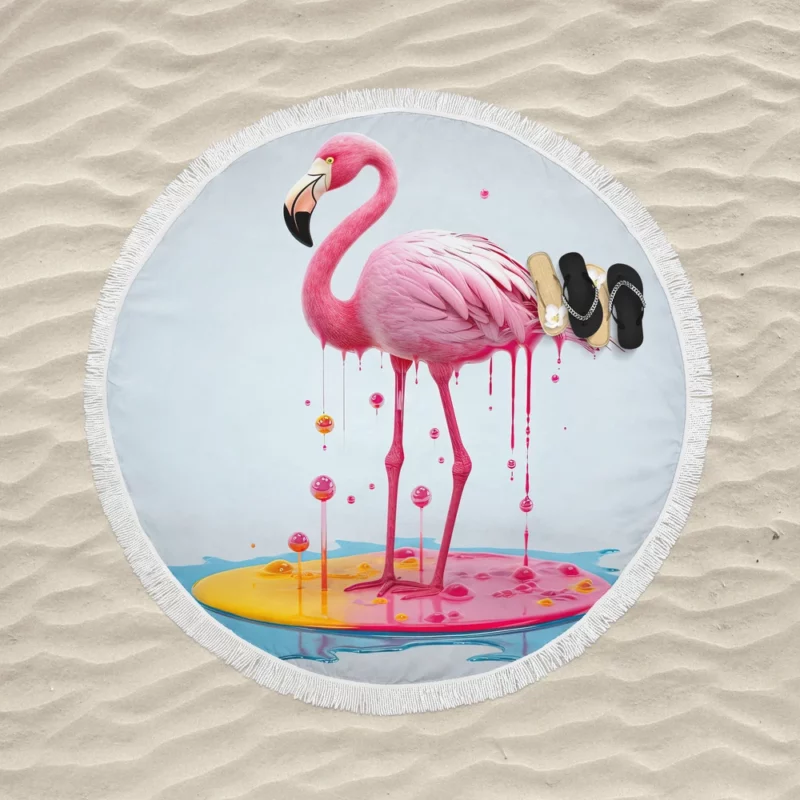 Exotic Pink Bird Artwork Round Beach Towel