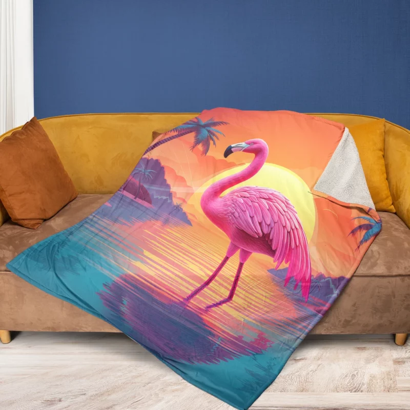 Flamingo Silhouette Sunset Fleece Blanket 1