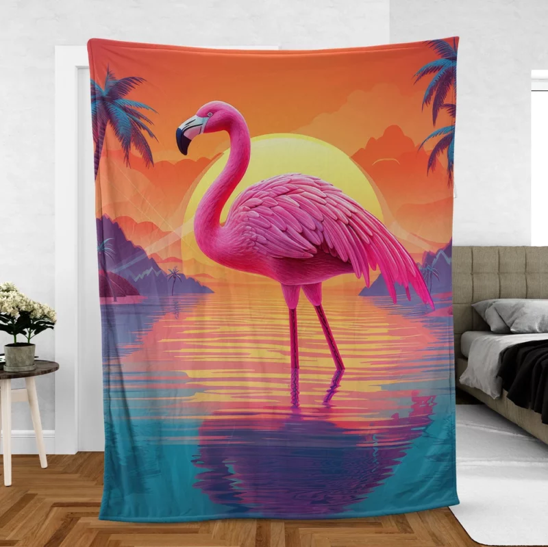 Flamingo Silhouette Sunset Fleece Blanket