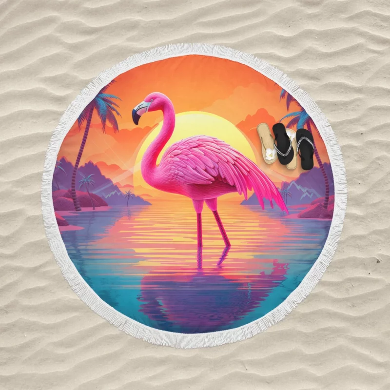 Flamingo Silhouette Sunset Round Beach Towel