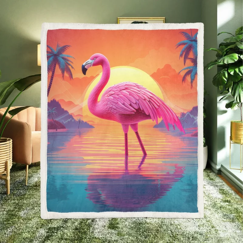 Flamingo Silhouette Sunset Sherpa Fleece Blanket