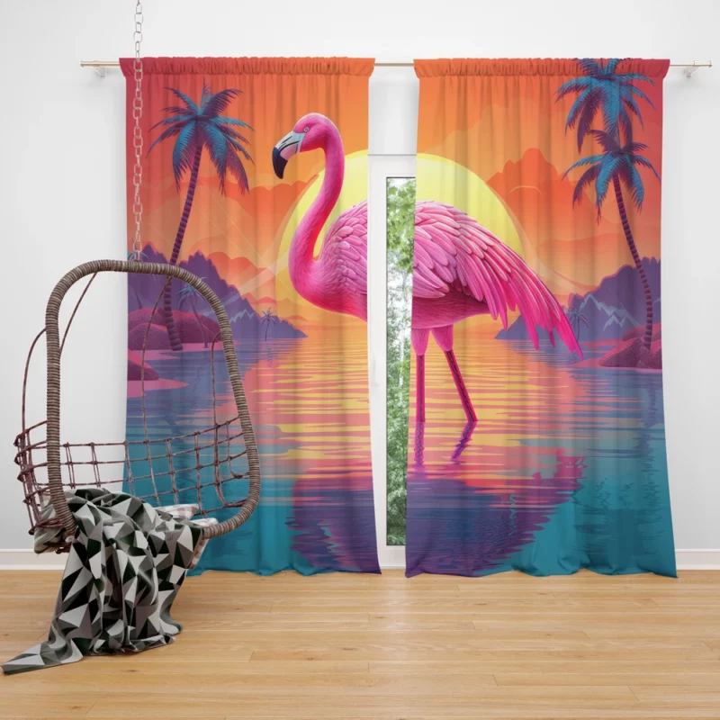 Flamingo Silhouette Sunset Window Curtain