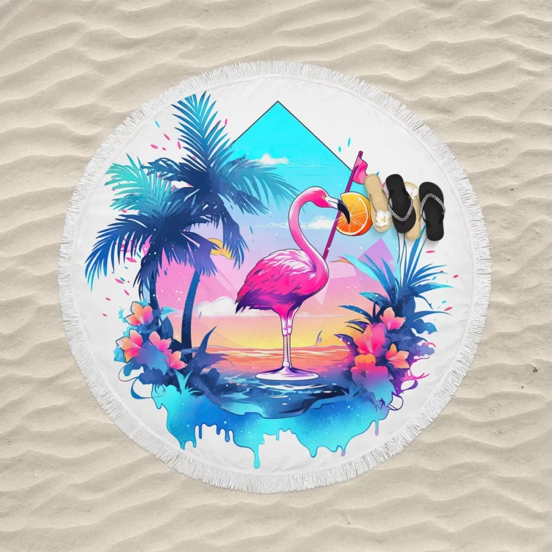 Flamingo Sticker Designs Round Beach Towel