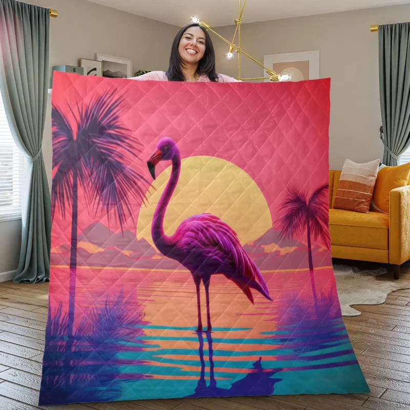 Flamingo Sunset Background Quilt Blanket