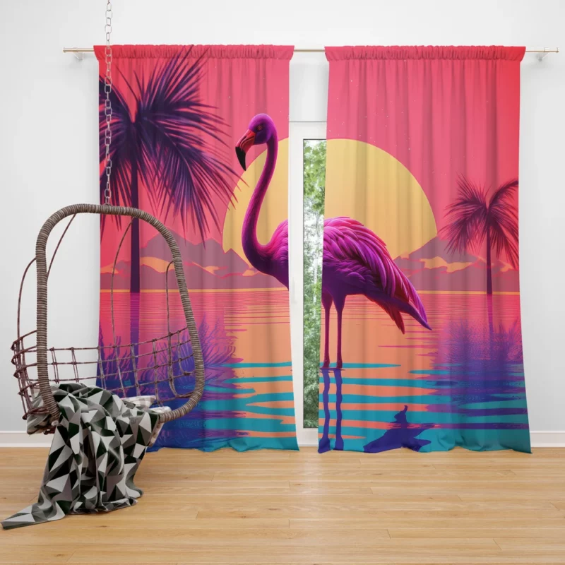 Flamingo Sunset Background Window Curtain