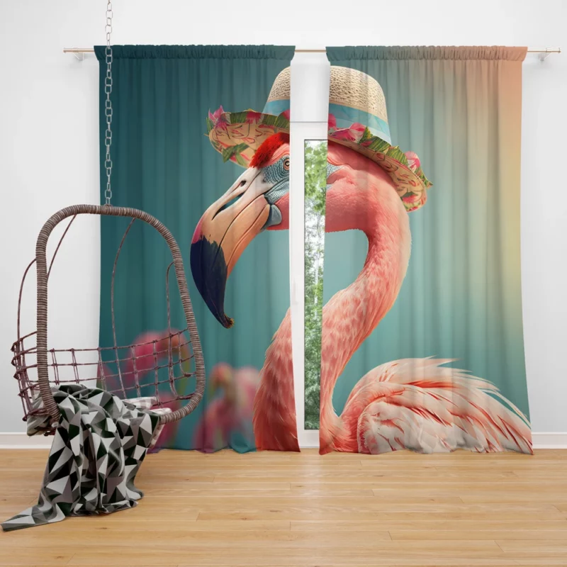 Flamingo With Flower Garland Window Curtain