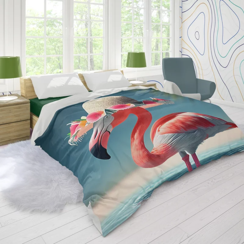 Flamingo in Hawaiian Flowers Duvet Cover