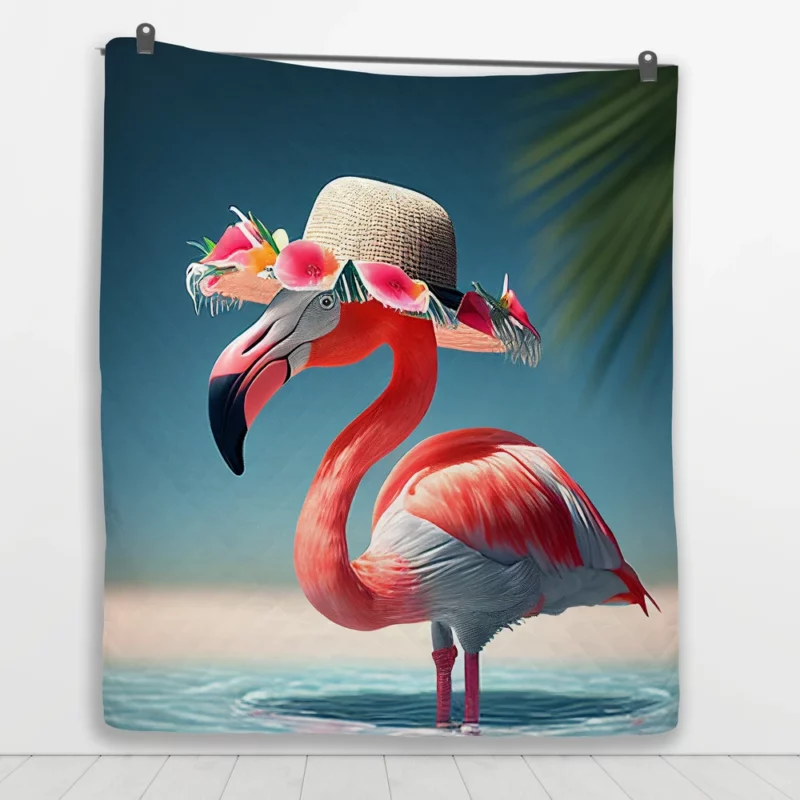 Flamingo in Hawaiian Flowers Quilt Blanket 1