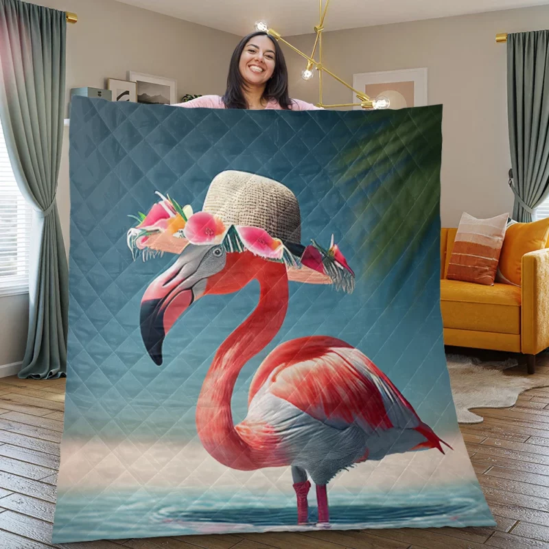 Flamingo in Hawaiian Flowers Quilt Blanket