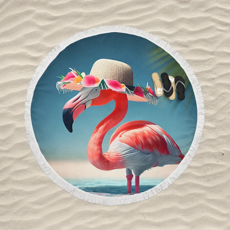 Flamingo in Hawaiian Flowers Round Beach Towel