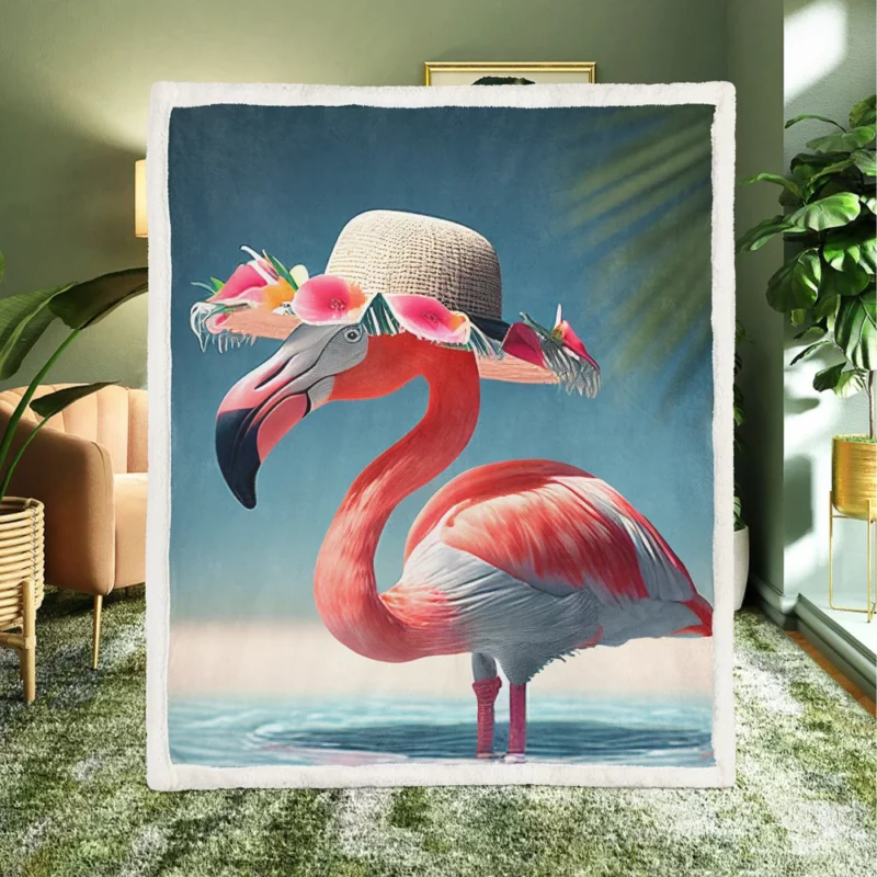 Flamingo in Hawaiian Flowers Sherpa Fleece Blanket