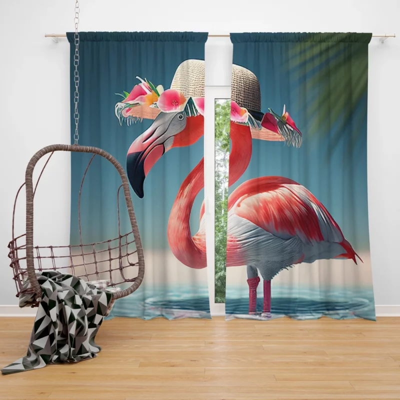 Flamingo in Hawaiian Flowers Window Curtain