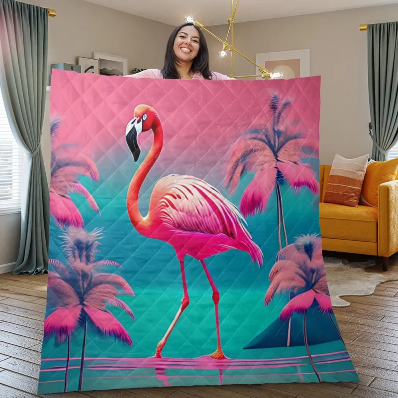 Flamingo on Pink Background Quilt Blanket