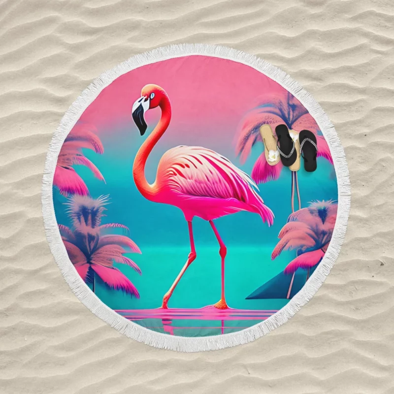 Flamingo on Pink Background Round Beach Towel