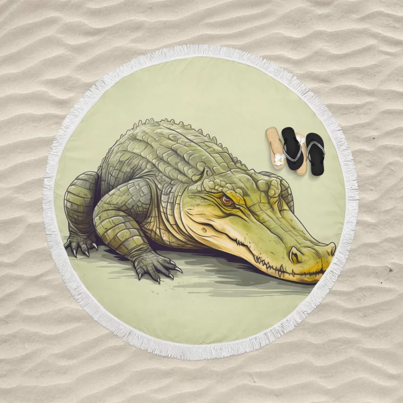 Flat Crocodile Illustration Round Beach Towel