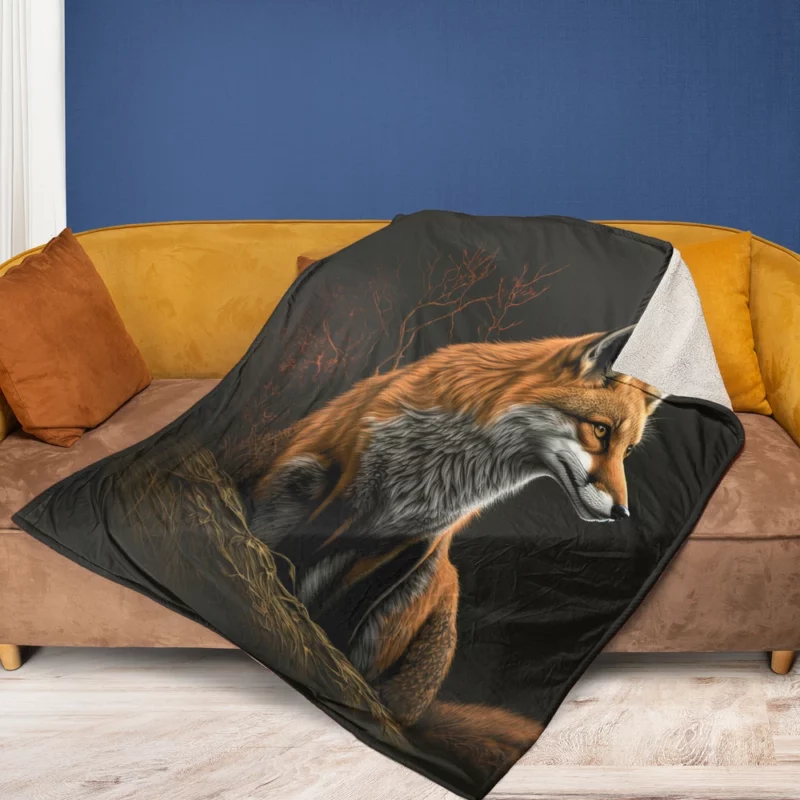 Fox Sitting on Hill Painting Fleece Blanket 1