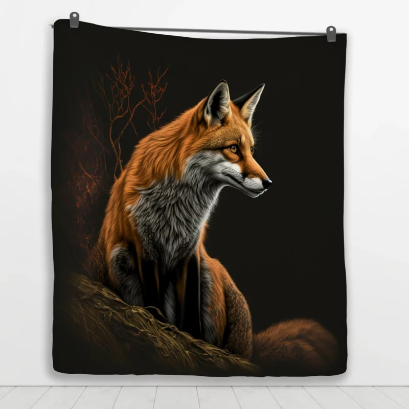 Fox Sitting on Hill Painting Quilt Blanket 1