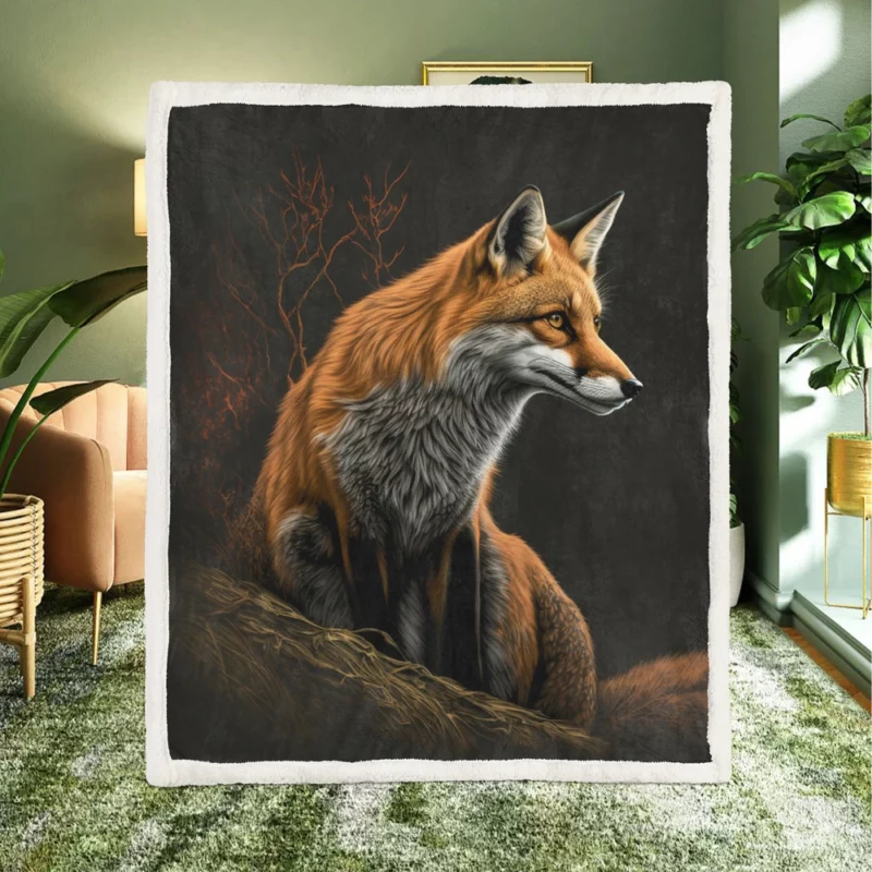 Fox Sitting on Hill Painting Sherpa Fleece Blanket