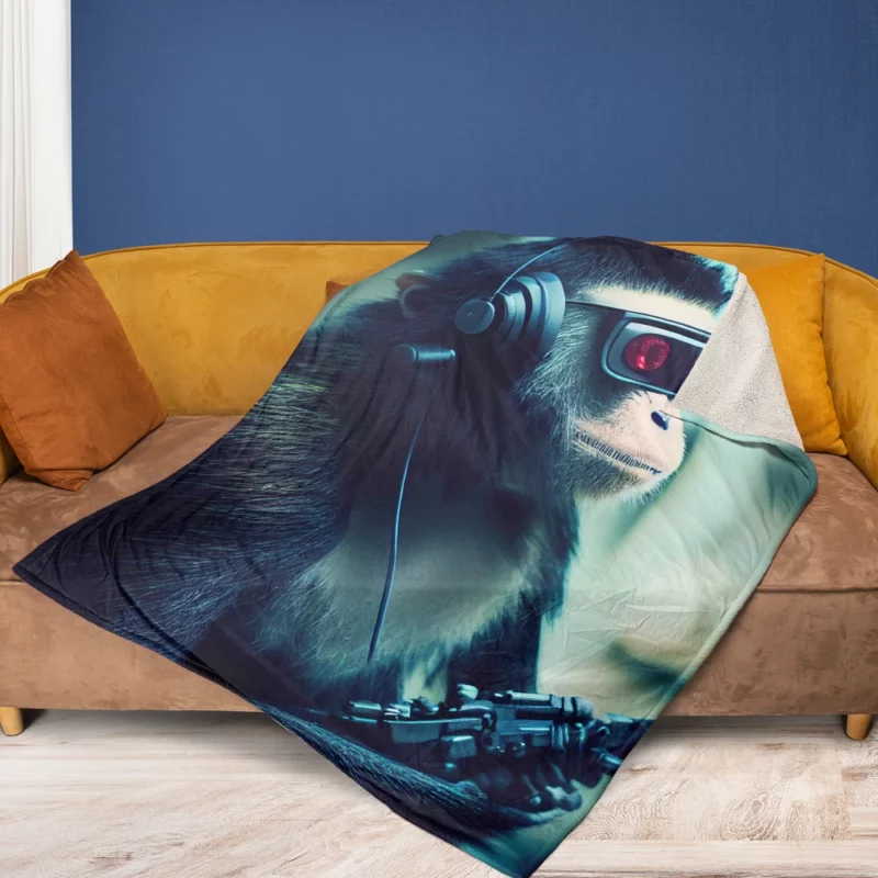 Futuristic Cyberpunk Monkey Fleece Blanket 1