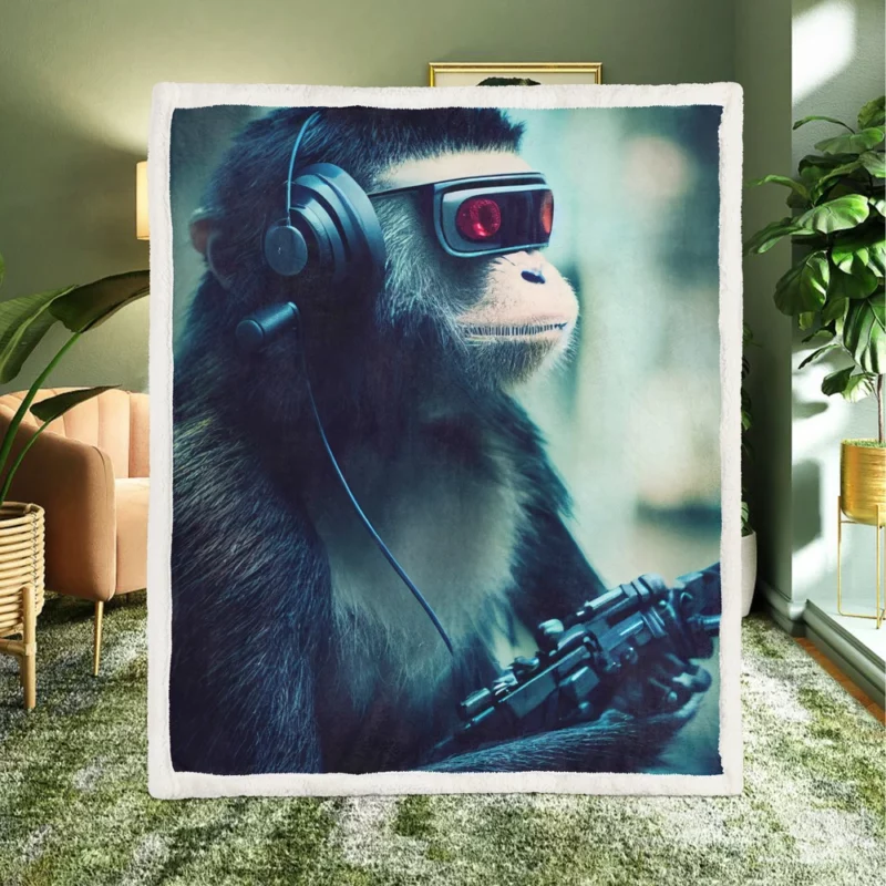 Futuristic Cyberpunk Monkey Sherpa Fleece Blanket