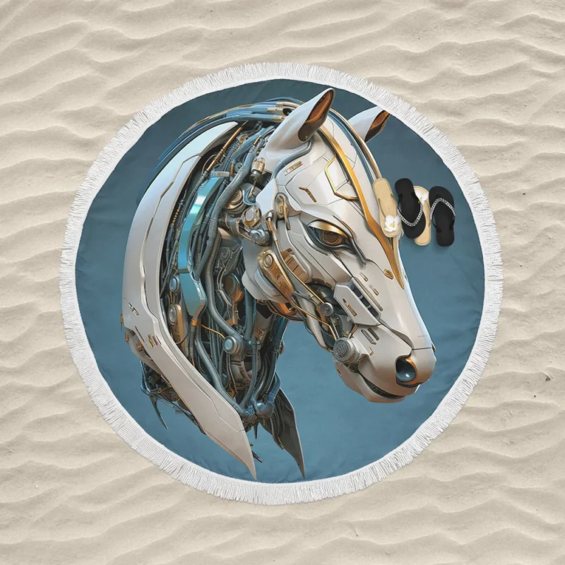 Futuristic Horse Head Round Beach Towel