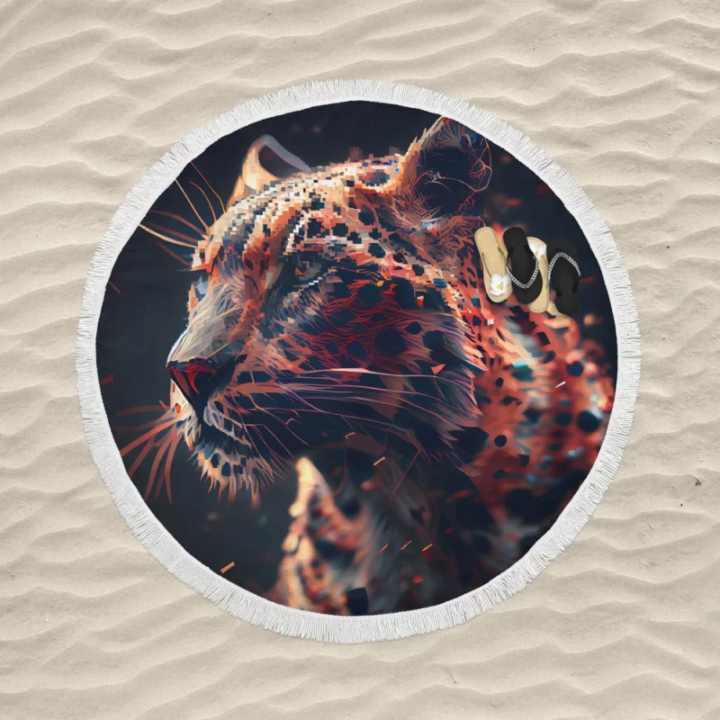 Futuristic Leopard Illustration Round Beach Towel