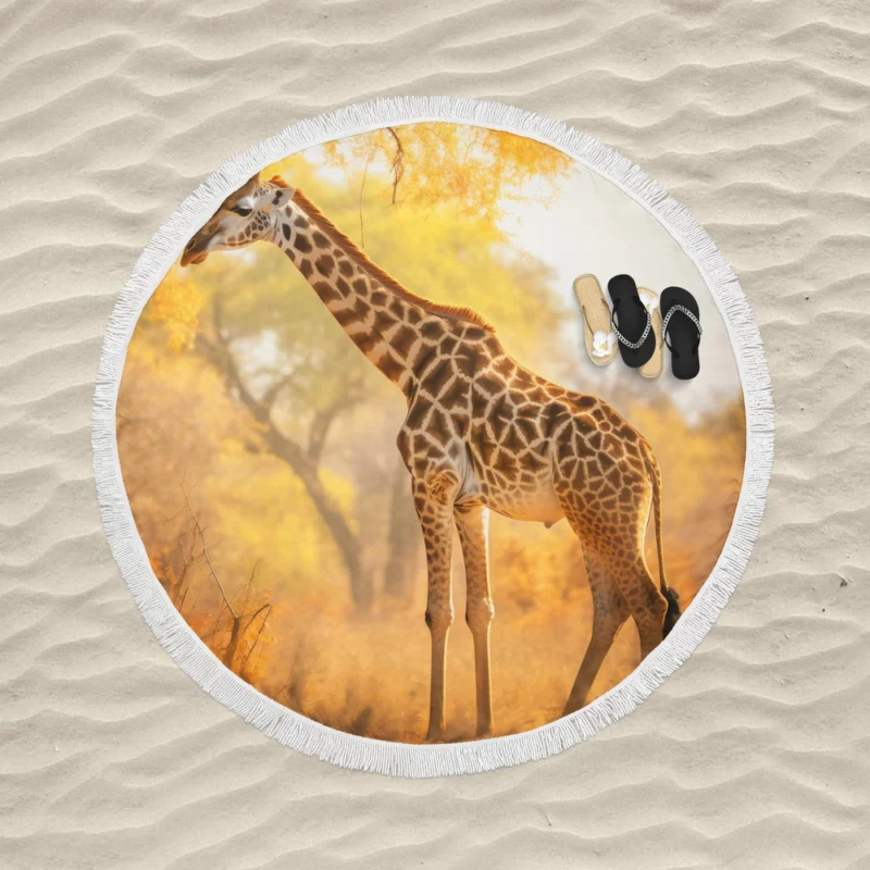 Giraffe Among Falling Leaves Round Beach Towel