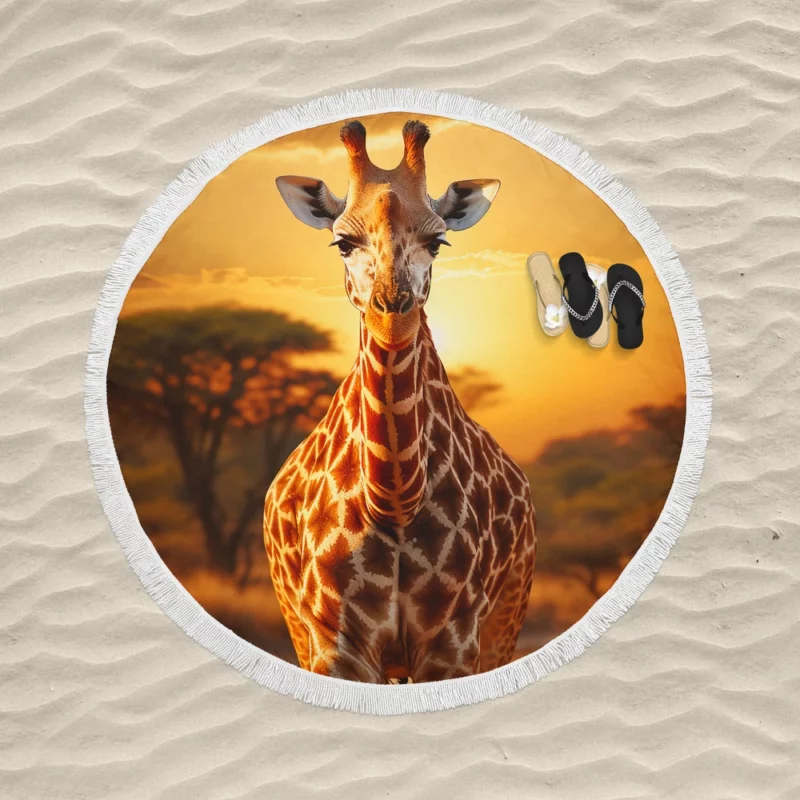 Giraffe Forages in Africs Round Beach Towel