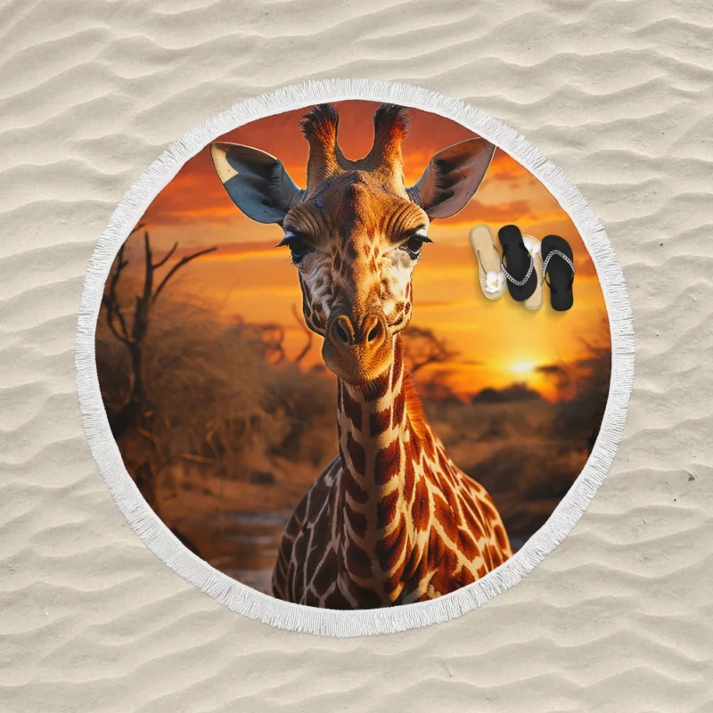 Giraffe Foraging in Africa Round Beach Towel