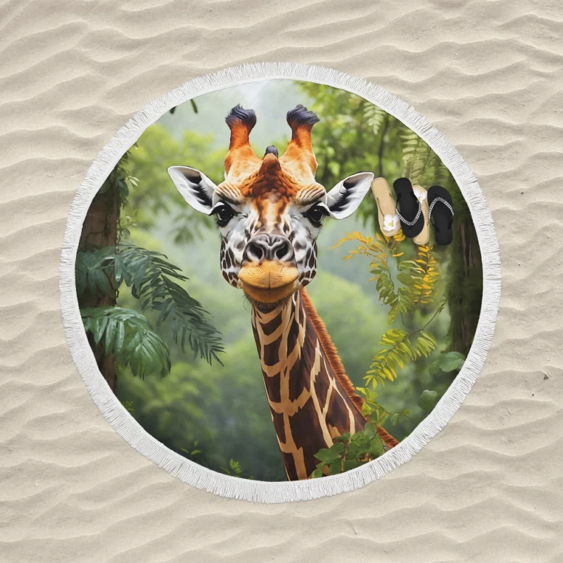 Giraffe Peering Through Trees Round Beach Towel