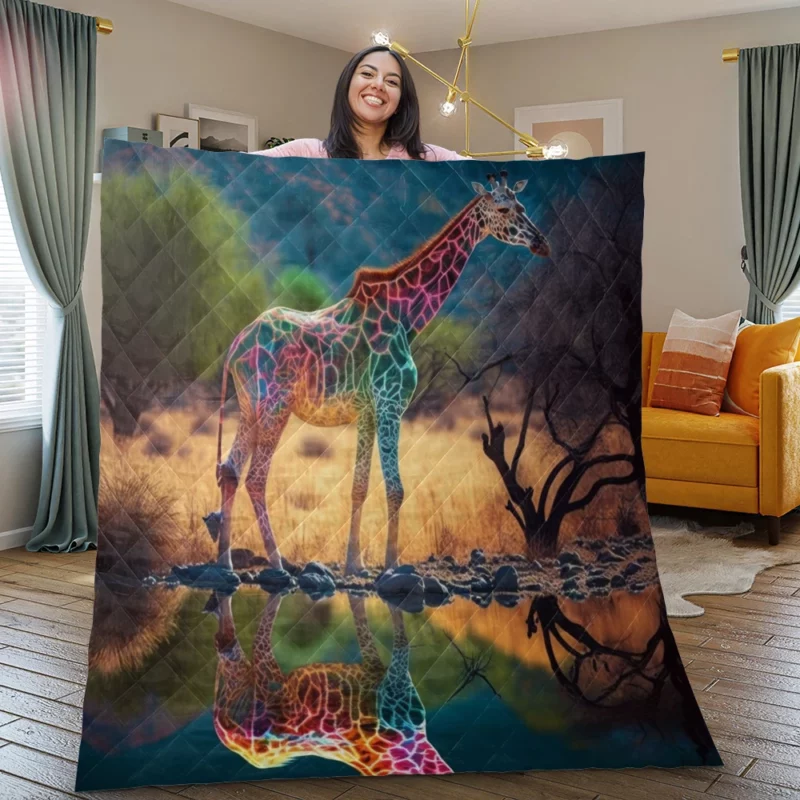 Giraffe Pond Reflection Quilt Blanket