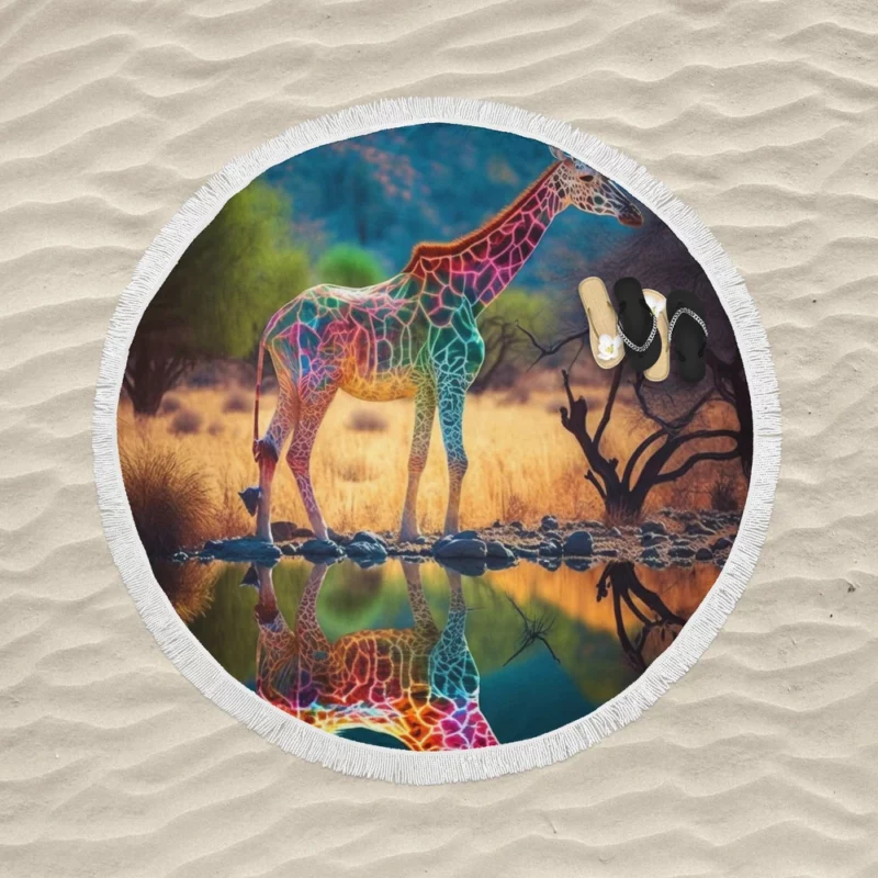 Giraffe Pond Reflection Round Beach Towel