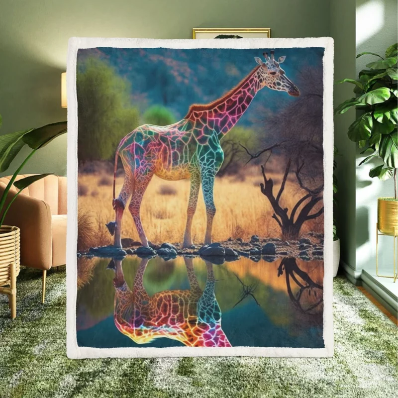 Giraffe Pond Reflection Sherpa Fleece Blanket