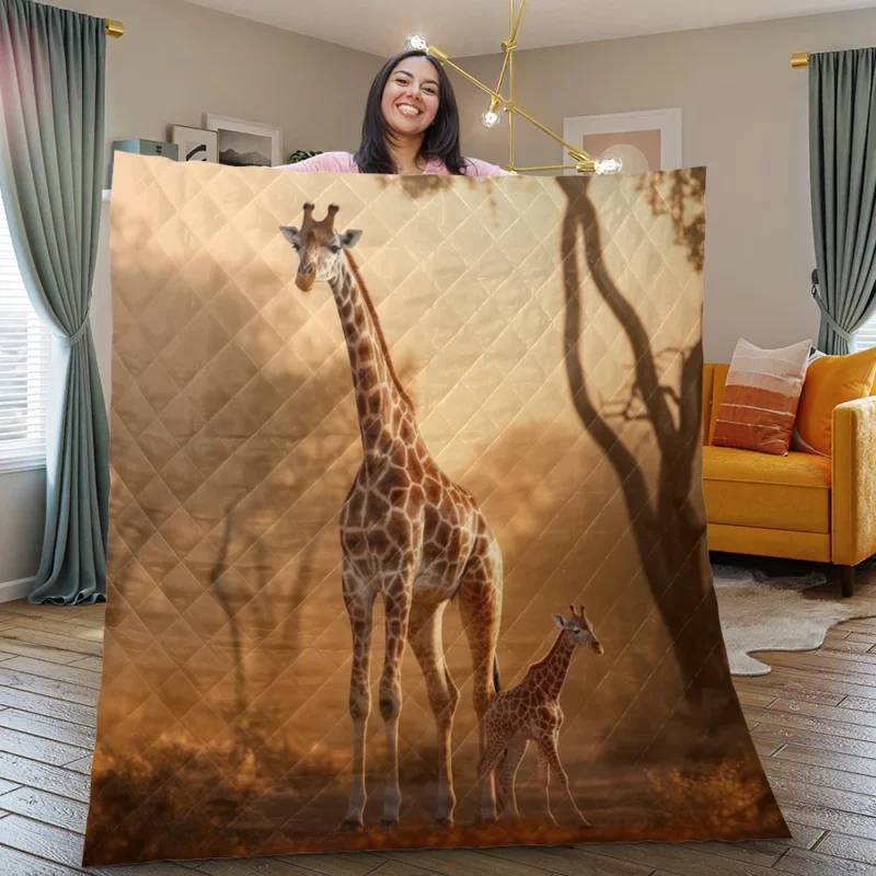 Giraffe Stand Together In Forest Quilt Blanket