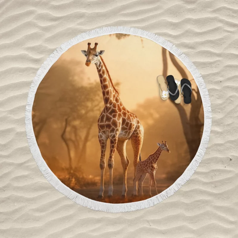 Giraffe Stand Together In Forest Round Beach Towel