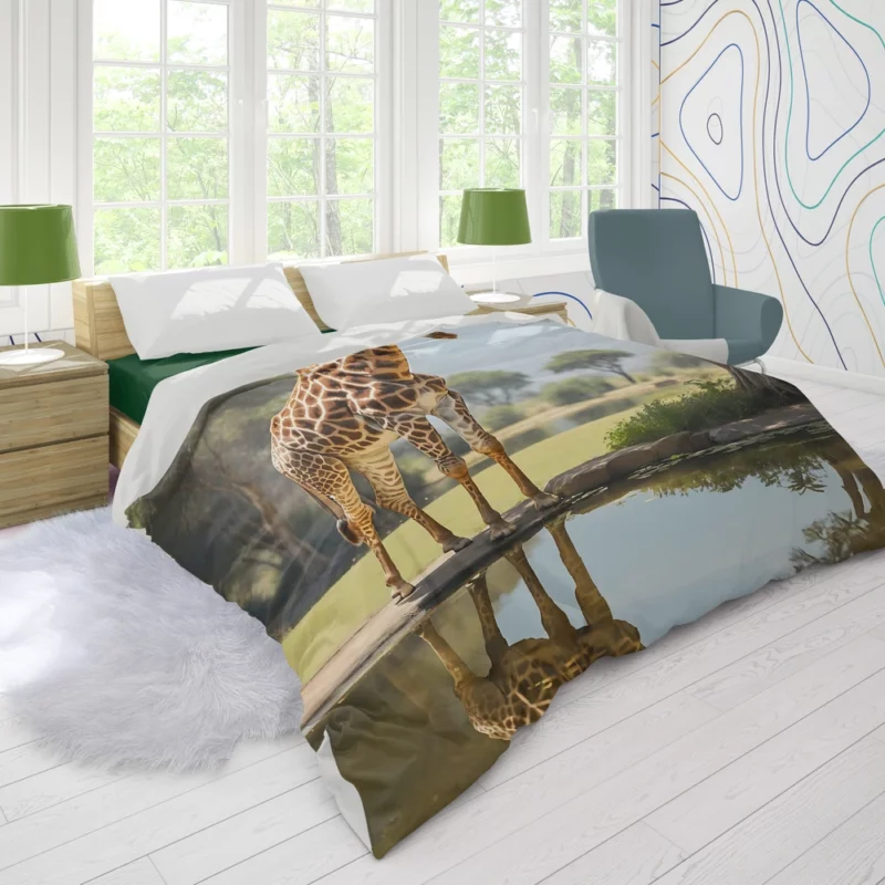 Giraffe by a Pond Duvet Cover