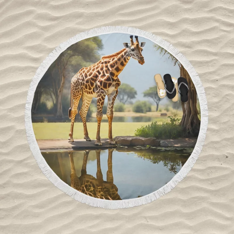 Giraffe by a Pond Round Beach Towel